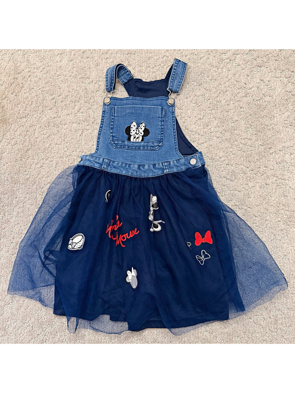 Disney Minnie Mouse Blue Denim Overall Dress Tulle Skirt Girls 6X